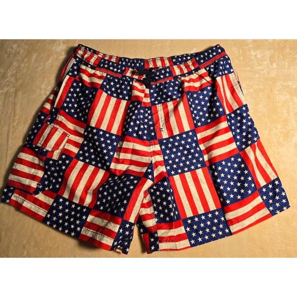Islander Mens XL American Flag Swim Trunks Stars Stripes Cargo Pocket Red Blue
